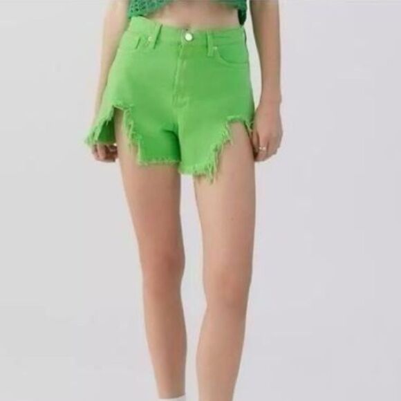 BDG Chewed A-Line High Rise Denim Shorts Size 26 NWT Neon Green - Picture 1 of 7